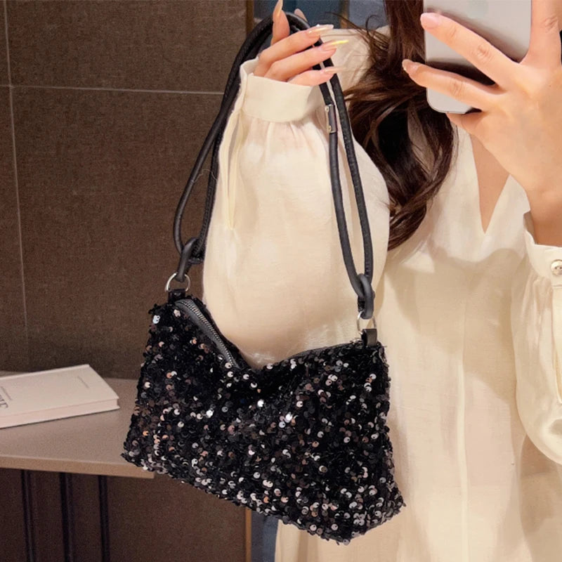 Bolso Moda Tendencia con Lentejuelas para Mujer – Negro/Plateado, Compacto y Elegante para Fiestas y Salidas