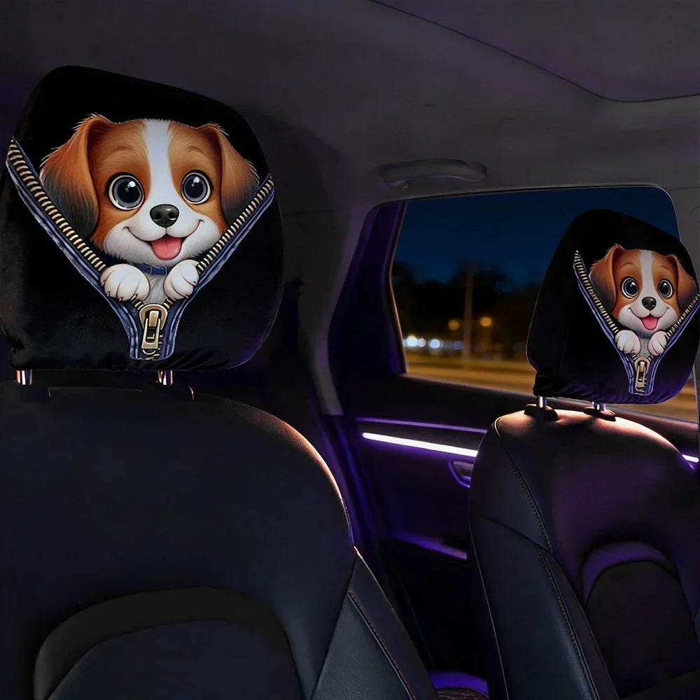 Fundas Moda Apoya cabezas de Auto con Diseño de Perros – Pack de 2, Tela Elástica con Cremallera