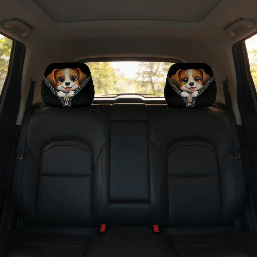 Fundas Moda Apoya cabezas de Auto con Diseño de Perros – Pack de 2, Tela Elástica con Cremallera