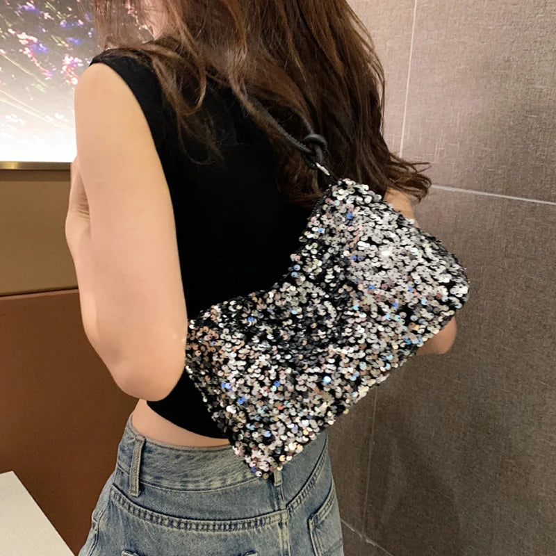 Bolso Moda Tendencia con Lentejuelas para Mujer – Negro/Plateado, Compacto y Elegante para Fiestas y Salidas