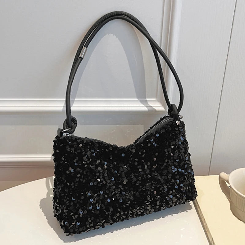 Bolso Moda Tendencia con Lentejuelas para Mujer – Negro/Plateado, Compacto y Elegante para Fiestas y Salidas