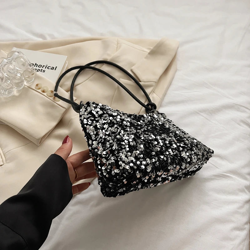 Bolso Moda Tendencia con Lentejuelas para Mujer – Negro/Plateado, Compacto y Elegante para Fiestas y Salidas